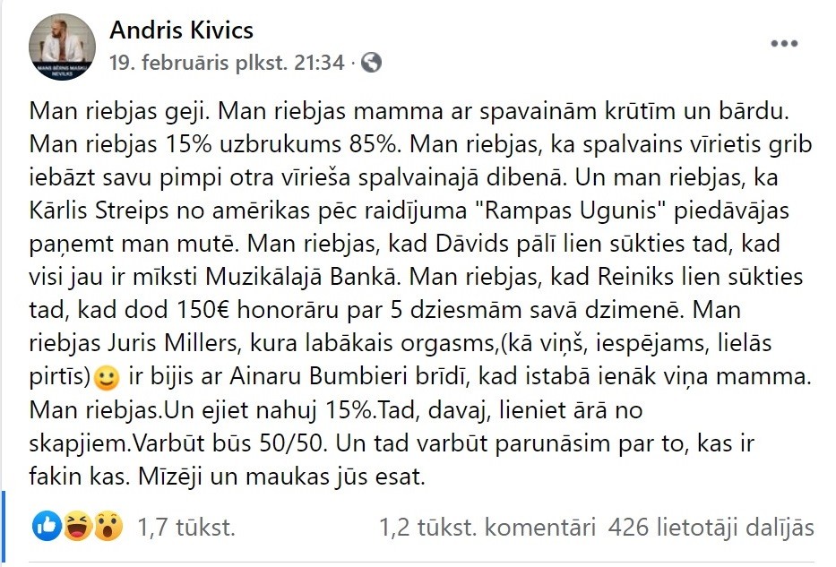 Kivičs asi uzbrūk gejiem: Laurim Reinikam, Kašeram, Streipam, Dāvidam: Man riebjas mamma ar spalvainām krūtīm un bārdu! Man riebjas geji (Bilde 1)